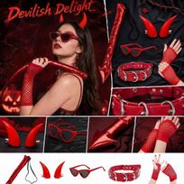 Halloween Devil Costume Set with Accessories -, Glasses, Collar, Gloves, Tail for Adults One Size raudona