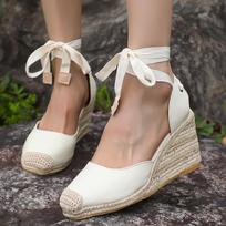 Espadrilės Pleišto Sandalai Moterims Vasara 2025 Uždara Nosies Kulno Dirželis Slingback Sandalai Moteris Komfortas Nėriniai Įvarstomi Laisvalaikio Sandaliai 39 smėlis