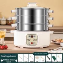 Daugiafunkcis elektrinis garintuvas: Trijų sluoksnių, Automatinis išjungimas, Laikmatis, Didelės talpos, Garų krepšys, Karštasis puodas, Virimo puodas. Stainless Steel Electric Steamer