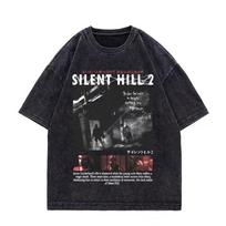 Game Silent Hill 2 Vintage Washed T-shirt Men Women Gothic Fashion T Shirts High Quality Cotton Oversized T-shirts Streetwear M black