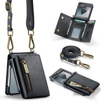 2 in 1 Luxury Leather Flip Phone Case For Samsung Galaxy Z Flip 8 7 6 5 4 3  Magnetic Wallet Card Solt Zipper Lanyard Cover For Galaxy Z Flip 8&Case & Strap gray