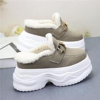 12CM Synthetic Suede Genuine Leather Warm Chunky Sneakers Spring Autumn Winter Plush Women Platform Wedge Ankle Boots Shoes 34
