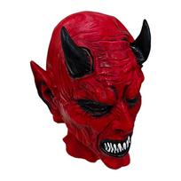 Latex Full Face Costume Mask in Red Tone with Black Horns with White Teeth for Cosplay Looks, Party Styling, Stage Wear, and Theme Use 1 black