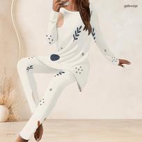 Women Plus Size Round Neck Long Sleeve Cream Polka Dot Printed Longline Top Fitted Pants Two Piece Set 2XL white