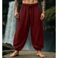 Men's Boho Retro Cotton Linen Baggy Tie Waist Harem Pants Loose Casual Wide Leg Trousers XXXL brown