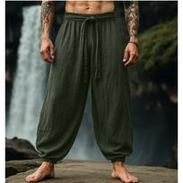 Men's Boho Retro Cotton Linen Baggy Tie Waist Harem Pants Loose Casual Wide Leg Trousers M black
