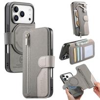 2 in 1 Detachable Magnetic Flip Cards Solt Zipper Leather Case for iPhone 17 Pro Max 16 15 14 13 12 Shockproof Stand RFID Cover iPhone 16 Pro gray