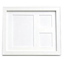 Three-Part Pet Photo Frame in Wood with Separate Openings Showing Two Photos and One Larger Companion Display Panel
