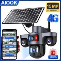 AIOOK 12000mAH Baterija AOV Saulės Kamera Trys Objektyvai HD 15MP 4G SIM Vandeniui Atspari Mobilus Sekimas Naktinis Matymas Lauko Kamera Yoosee Programėlė EU 4G+128GB