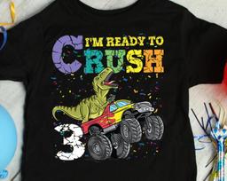 T-Rex Dinosaur 3 Year Old Birthday Boy Shirt, Three Year Old Shirt, 3rd Birthday Shirt, Third Birthday Shirt Toddler Monster Truck Birthday M yellow