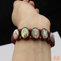 Wooden Rosary Bracelet - Elegant Religious Icon Stickers, Drip Oil Finish, Spiritual Beaded Prayer Jewelry For Devotional Wear brown