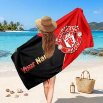Manchester United Custom Beach Towel, Personalized Name Text Print, Football Logo Soft Quick‑Dry Towel Holiday Gift 70cmx140cm(27x55inch) red