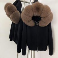 Womens Hooded Knit Cardigan With Real Fox Fur Collar Casual Outerwear Winter Black Faux Leather Coffee black