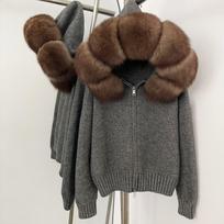 Womens Hooded Knit Cardigan With Real Fox Fur Collar Casual Outerwear Winter Gray Faux Leather Waterdrop black