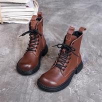 Women Genuine Leather Boots Chunky Platform Square Toe Side Zipper Ankle Boots For Women Winter Warm Lace-up Shoes 40