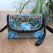 WTEMPO Female Ethnic Style Double-layer Zipper Messenger Bags Women's Large Capacity Casual Cross-body Embroidery Bag 20*14cm šviesiai mėlyna spalva