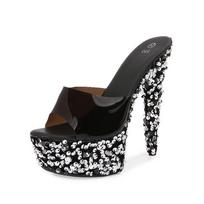 Fashion 15Cm Nightclub Sex Girl Shoes Waterproof Platform Roman Fish-mouth Lady Ultra-high Heel Slippers 34 juoda