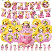Mario Princess Peach Birthday-Themed Party Decorations: Banner and Cake Picks