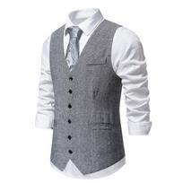 Men's Herringbone Suit Vest Retro Single Breasted with Real Pockets L gray