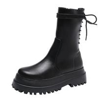 Gothic Soft Leather Platform Ankle Boots Side Zipper Back Lace Up Mid Heel Rider Shoes 37 black