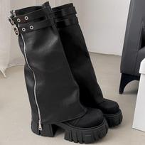 Women Black Platform High Heel Knee High Boots Autumn Winter Goth Motorcycle Long Boots Two Way Wear 38 black