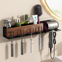 Walnut Wood Hair Dryer Holder Wall Mounted Bathroom Organizer Toothbrush Hairdryer Modern Minimalist Style WalnutHairDryerOrganizer4OutletFamilyNoCup
