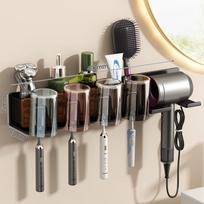 Walnut Wood Hair Dryer Holder Wall Mounted Bathroom Organizer Toothbrush Hairdryer Modern Minimalist Style WalnutHairDryerOrganizer4OutletFamilyWithColored