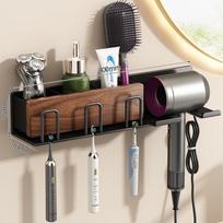Walnut Wood Hair Dryer Holder Wall Mounted Bathroom Organizer Toothbrush Hairdryer Modern Minimalist Style WalnutHairDryerOrganizerRack3OutletFamilyNoCup