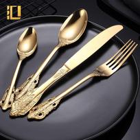 4pcs/set Baroque Style Royal Cutlery Set Gold Luxury Dinnerware Stainless Steel Knife Fork Spoon Tableware For Dishwasher Safe auksas