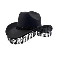 Elegant Cowboy Hats Decorated with Sun Protection Wide Brims And Faux Pearls Fringed Design Lightweight Sun Hat juoda