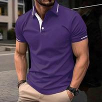 Vyriški balti trumpomis rankovėmis polo marškinėliai su kontrastingos spalvos apykaklės krašto dizainu vasariniai slim fit atlapiniai laisvalaikio viršutiniai drabužiai L violetinė