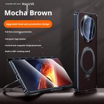 Full Grain Togo Genuine Leather Case For Honor Magic V6 Rotating Stand Central-Axis Magnetic Hinge Full Lens Protection Cover Honor Magic V6 ruda