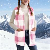Kids' Plaid Fuzzy Cardigan Vest, Loose Fit for Fall and Winter 130 rožinė