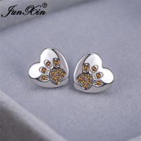 Cute Animal Bear Cat Dog Paw Stud Earrings For Women Men Silver Color Green Pink Purple Zircon Heart Earring Wedding Jewelry Champagne Earring gray