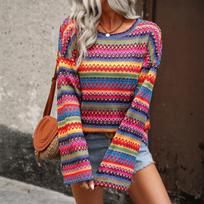 Women's Colorful Knit Long Sleeve Top - Loose Fit Neck Pullover Sweater for Casual Wear S raudona