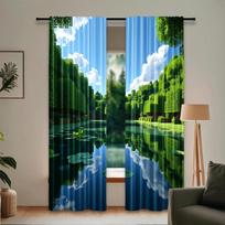 2PCS Digital Print Curtain, Pixel Art Green Forest Landscape Pattern, Gaming Style Scenery for Living Room Bedroom Home Decor 75x166cmx2&Rod pocket &2 panels white