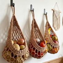 Cotton Rope Fruit Storage Basket Wall Mount Hand Woven Vegetable Storage Basket With Hooks Teardrop Shape Wall Hanging Basket