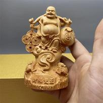 Wood Carving Yuanbao Maitreya Buddha Characters Figurines Hand Carved Solid Wood  Home Room, Office Fortune Decoration Crafts brown