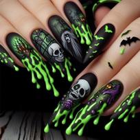 Halloween Long Stiletto Press On Nails Green Skull Bat Fake Nails 1pc žalia