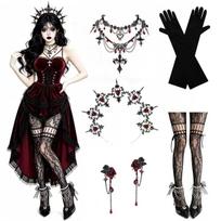 Helovino Gothic Vampyro Kostiumas Bordo Aksominis Diržas ir Ilgas Sijonas Tamsios Karalienės Cos Kostiumas 2XL black