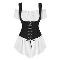 2025 m. Mados Literatūros Retro Steampunk Valties Kaklo Marškiniai Nėriniais Surišamas Liemenė Punk Stiliaus Dviejų Dalių Rinkinys Moterims 2XL balta/juoda