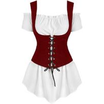 2025 m. Mados Literatūros Retro Steampunk Valties Kaklo Marškiniai Nėriniais Surišamas Liemenė Punk Stiliaus Dviejų Dalių Rinkinys Moterims 2XL balta/raudona