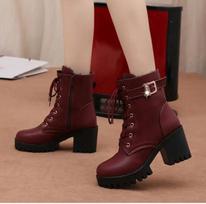 Hot Sale  Women Boots Lace Up Flat Biker  Wine Red Boots Shoes Buckle Woman Botas Women Boots 38 brown