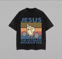 Jesus Deadlift T-shirt Funny Christian Gym Meme Vintage Washed Cotton Retro Weightlifting Graphic Tee Streetwear Top 110 black
