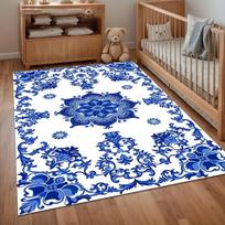 Blue White Floral Medallion Area Rug for Living Room Bedroom Chinoiserie Porcelain Inspired Home Decor Soft Non Slip Floor Mat 50X80cm