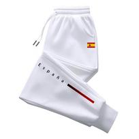 Espana-script Men Sweatpants Spaced Lettering Along Leg with Flag Motif, Side Pocket Drawstring Jogger Pants for National Style Street Looks M white