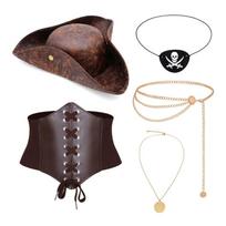 5 vnt. Pirato skrybėlė, Viduramžių korseto akių lopai, Juosmens diržas, Karoliai, Pirato kostiumo aksesuarai, Cosplay Helloween kostiumas 1 gray
