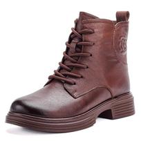 All cowhide thin boots autumn new medium leather boots thick heel fashion genuine leather Martin boots women 40 black