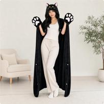 Cape Blanket with Hood Cat-Themed Wearable Fuzzy for Adults black