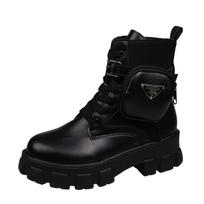 Women British Patent Leather Platform Motorcycle Boots Thick Sole Lace Up Ankle Boots Large Size Pocket Detail 43 black